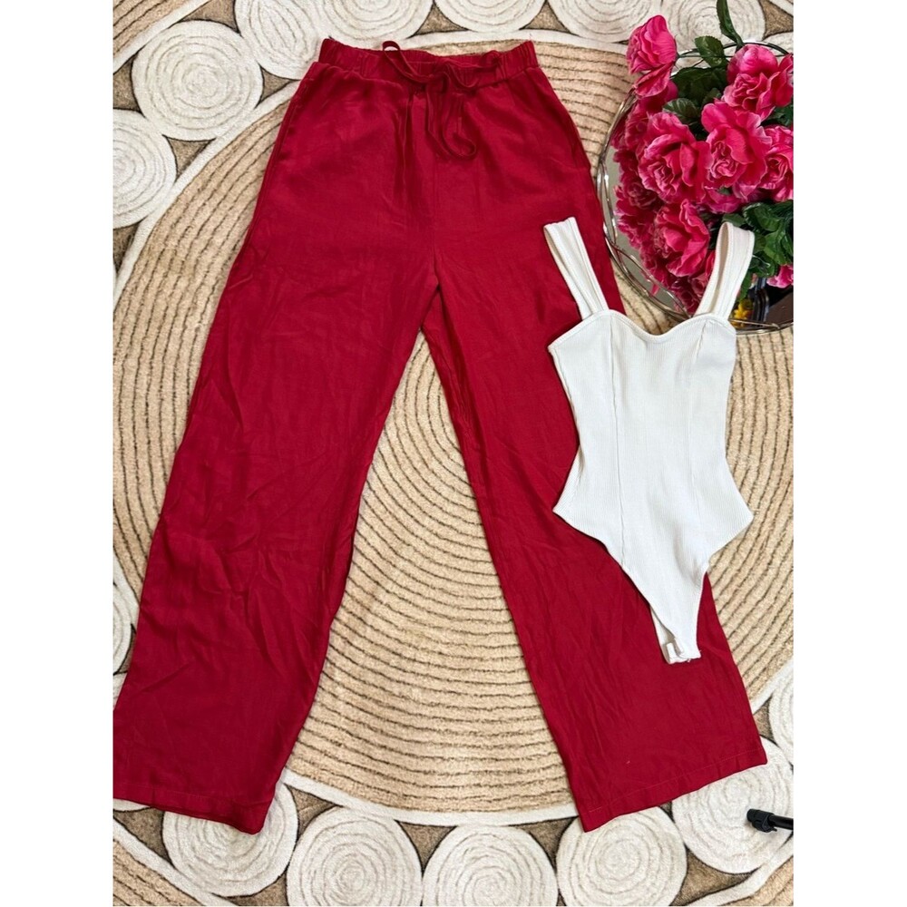 SHEIN Red Wide-Leg Drawstring Pants